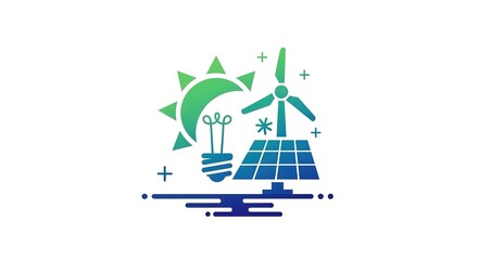 Icon showing renewable energy sources: solar panel wind turbine lightbulb and sun.