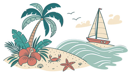 Obraz premium Tropical island vacation with palm trees sailboat ocean waves and sea life vector illustration design clip art