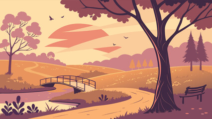 Beautiful landscape painting of park scene with bridge trees and sunset vector illustration design art