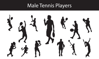 Silhouette Collection of Male Tennis Players in Various Action Poses with Rackets – Dynamic Black Shapes on White Background for Sports Design and Athlete Illustration Concepts

