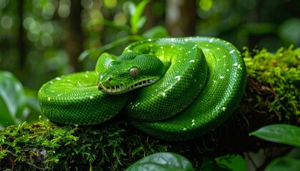 Fototapeta premium Medium close-up photo of a coiled vibrant green tree python resting on a mossy branch, striking emerald scales