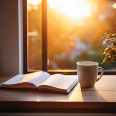 cup of coffee and book in a cozy room with a window