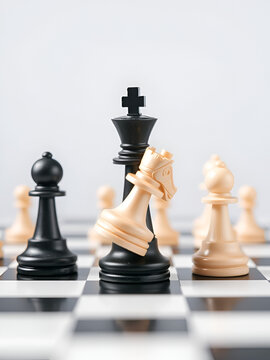Selective focus of black chess king with topple white chess king on isolated white background for kingmaker concept.