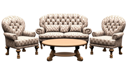 Elegant vintage furniture set with tufted upholstery and wooden table