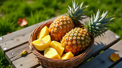 Whole and Cut Pineapples in a Fruit Basket on Summer Picnic Table, Top-Down View