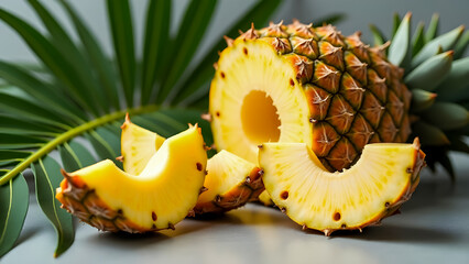 Still-Life of Pineapple Slices Arranged Artistically with Tropical Leaves, High Detail