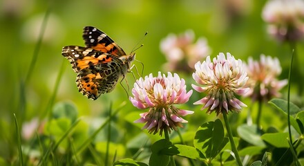 A painted lady butterfly hovers near a cluster of wildflowers.