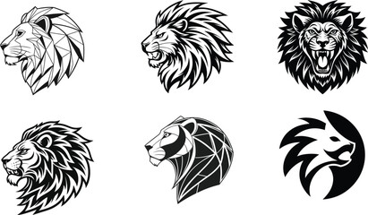 Obraz premium Stylized Lion Head Vector Set Featuring Geometric, Roaring, and Minimalist Designs