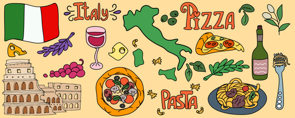 Fancy Amalfi cooking set with pizza, pasta and fruit pattern. Playful, fancy graphics with olives and cocktail. Amalfi Mediterranean cuisine set for menu design. Vector illustration