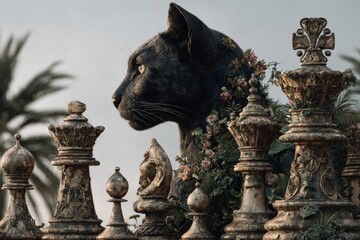 Unconventional gardening: chessboard with cat opponent. Fluffy companions enhance happiness and well-being.