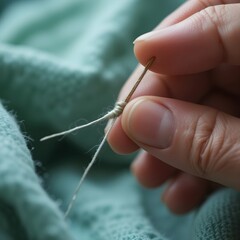 Close-up of fingers threading a needle with fabric in the background