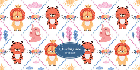 Vintage seamless pattern with hand-drawn animals. Funny lion cub, tiger cub, and elephant cub. Vector vintage design for fabric, wallpaper, wrapping paper, and more.