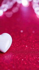Obraz premium A pristine white heart sits on a vibrant field of shimmering red glitter, with soft, romantic bokeh lights dancing in the background, creating a dazzling and affectionate atmosphere.