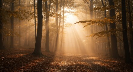Naklejka premium Sunbeams pierce through a misty autumn forest illuminating a leafstrewn path