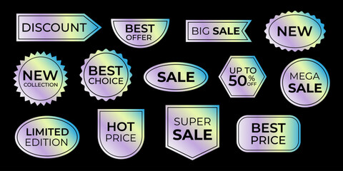 Set of stickers, holographic labels on a dark background. Neon gradient stickers for sale with a gradient of different shapes. Vector illustration.