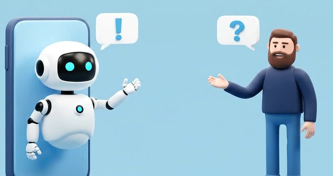 Man asking questions to a robot on a phone