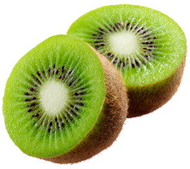 A kiwi fruit cut in half, isolated on a transparent background. The image is in PNG file format.