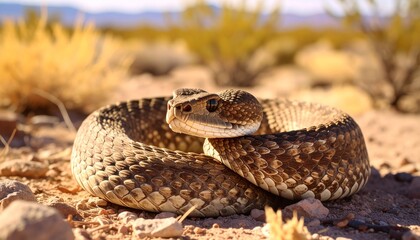 Obraz premium Medium close-up of a beautifully patterned rattlesnake coiled in a defensive pose on desert ground