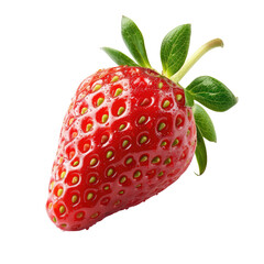 Close-up of a single, vibrant red strawberry.  Fresh, ripe berry with green leaves and stem.  High-quality image (1)