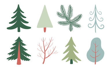 Fototapeta premium Fir Trees Vector Set, Cute Hand-Drawn Flat Cartoon Trees Isolated on White Background, Perfect for Forest, Nature, Christmas, and Winter Holiday Designs