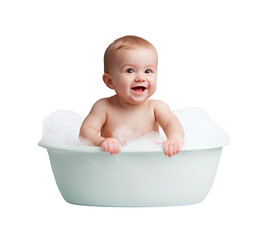 Baby sitting in a bathtub, isolated on a transparent background, cutout, PNG file.