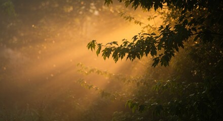 Sunbeams pierce through mist and trees illuminating airborne particles