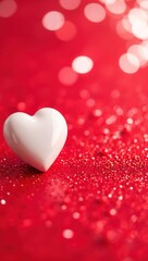 Fototapeta premium A pristine white heart sits on a vibrant field of shimmering red glitter, with soft, romantic bokeh lights dancing in the background, creating a dazzling and affectionate atmosphere.