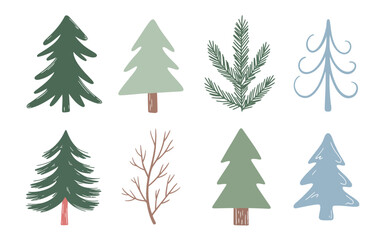 Obraz premium Christmas and Forest Tree Vector Set, Cute Hand-Drawn Fir Trees in Flat Design for Seasonal Holiday Projects, Winter Decor, and Nature-Themed Artwork