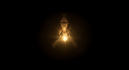 Serene woman with closed eyes holding glowing golden light at her chest radiating spiritual energy.