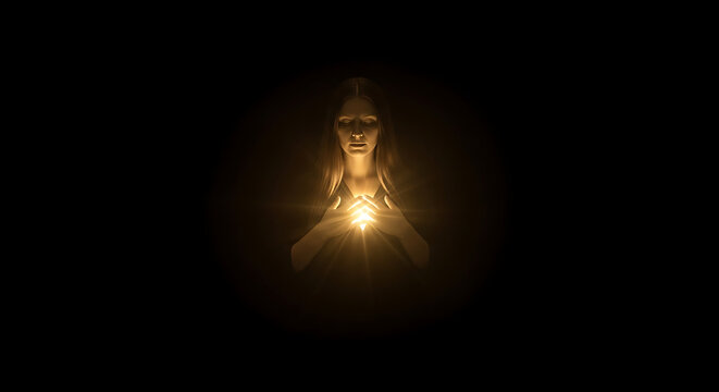 Serene woman with closed eyes holding glowing golden light at her chest radiating spiritual energy.