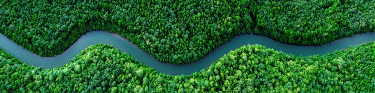 Aerial view of winding river through lush green forest, symmetry of nature, untouched terrain, earth textures, climate awareness theme