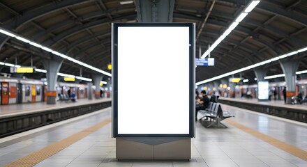 Blank White Vertical Billboard at Modern Train Station Platform with Metal Beams, Seats, Tracks, and Waiting Passengers