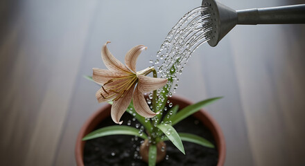 Delicate Pink Lily Being Watered Close-Up View Showing Petals Stamens and Water Droplets.