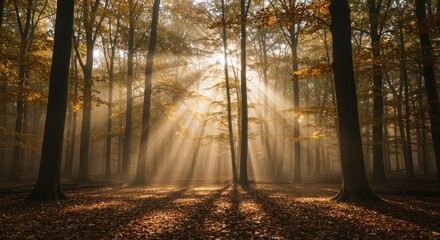 Fototapeta premium Sunbeams pierce through trees in an autumn forest