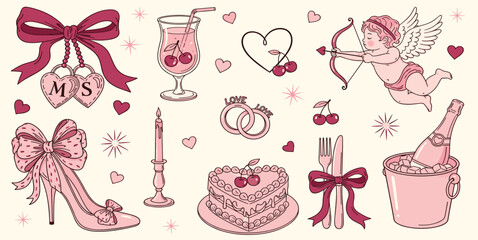 Hand drawn coquette elements for wedding invitation, Valentines day, birthday card. Cute girly bows, locket, ribbons, cherry, cake, champagne, candle.