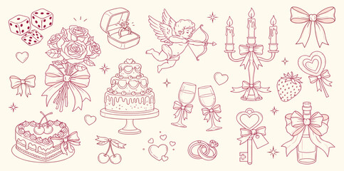 Hand drawn coquette elements for Valentines day, wedding invitation, birthday card. Cute girly bows, hearts, ribbons, cherry, cake, champagne, strawberry.