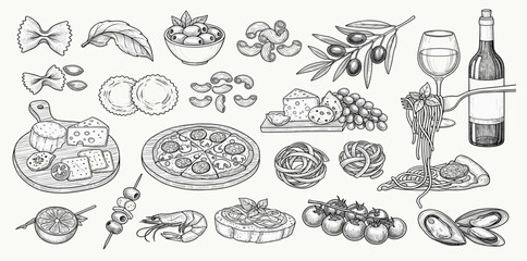 Hand drawn chalk food illustrations. Mediterranean dinner. Wine, spaghetti, oysters, charcuterie drawings for wedding invitations, menus.