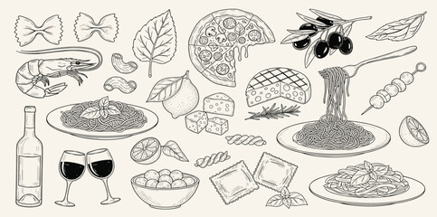 Hand drawn chalk food illustrations. Mediterranean dinner. Wine, spaghetti, oysters, charcuterie drawings for wedding invitations, menus. 