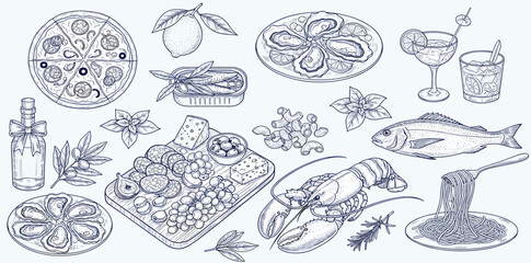 Hand drawn different mediterranean food set. Oysters, pasta, pizza, wine, charcuterie. Dolce vita table setting coast food drawings for cafe or restaurant menus design.