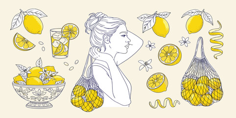 Hand drawn Italian amalfi summer vacation with lemons. Sketch doodle citrus tropical fruits. Sea weekend collection for beach party, picnic, wedding invitations. 