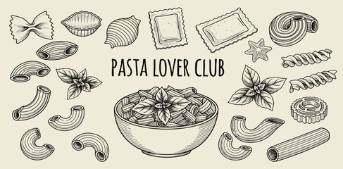 Hand drawn pasta vector set. Different Mediterranean spaghetti types. Italy la dolce vita coast food for greeting cards, poster, postcards