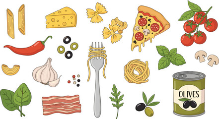 Italian food set, ingredients. Cartoon elements of traditional products, pasta, olive oil, tomatoes, mushrooms, pepper, bacon, basil, arugula.
