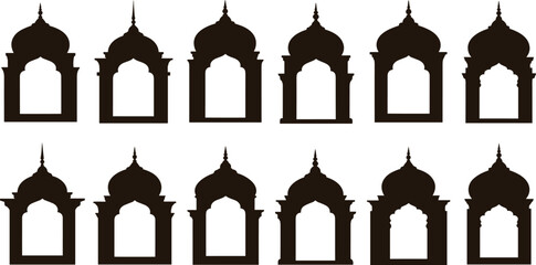 Indian Shape Arch Frame. Set of silhouette eid mubarak decorative arches, mosque borders or moroccan gates.