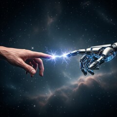Naklejka premium Genesis Spark: Human and Android Hands Creating Life. AI Singularity Concept