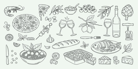Mediterranean food set. Minimalist hand drawn food and drinks collection. Set of doodles, rough simple Italian cuisine food sketches
