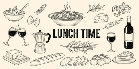 Minimalist hand drawn food and drinks illustration. Sketch launch icons in crayon drawing style. Vector of wine, oysters, pasta, cheese