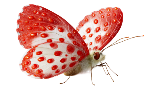 Butterfly with red and white polka dots on transparent background