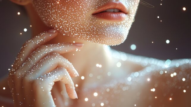 Glittered face, hand touching neck. Soft, ethereal light