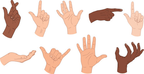 Set of hands in doodle style human arms. Vector different man woman hands showing peace sign, heart, thumbup isolated on the white background