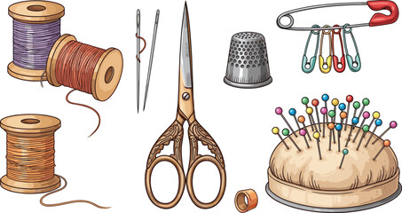 Sewing accessories set. Thread spools, pad with pins, scissors and thimble. Supplies for needlework.